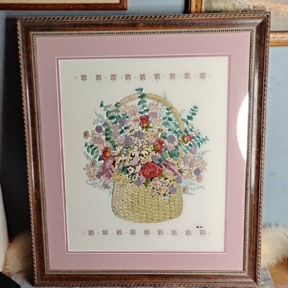 . Vintage Embroidery Framed Floral Wall Art - Flower Basket, Pink Mat, Wood